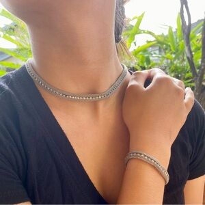 Vintage Costume Silvertone Mesh Rhinestones Necklace and Bracelet Set.